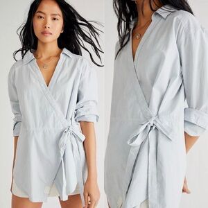 We The Free Free People NWT Wrap Top Small Blue Stripe Boho Tie Waist